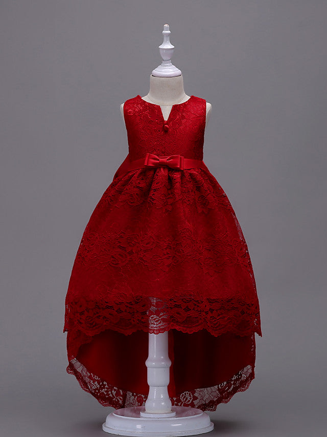 Asymmetrical Lace Dresses with V Wire and Bow Embroidery for Flower Girls-BallBride