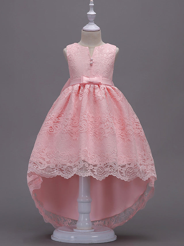 Asymmetrical Lace Dresses with V Wire and Bow Embroidery for Flower Girls-BallBride