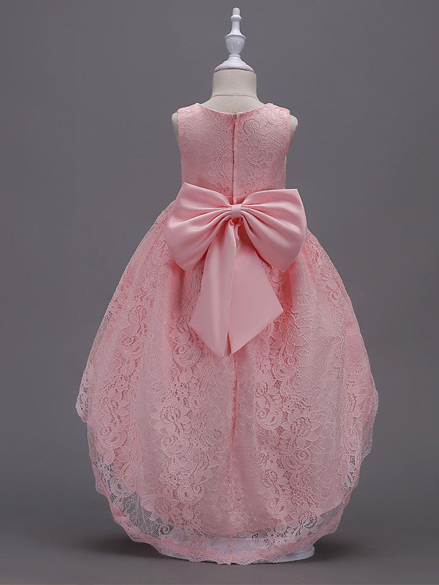 Asymmetrical Lace Dresses with V Wire and Bow Embroidery for Flower Girls-BallBride