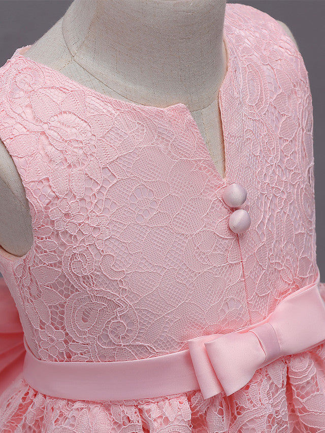 Asymmetrical Lace Dresses with V Wire and Bow Embroidery for Flower Girls-BallBride