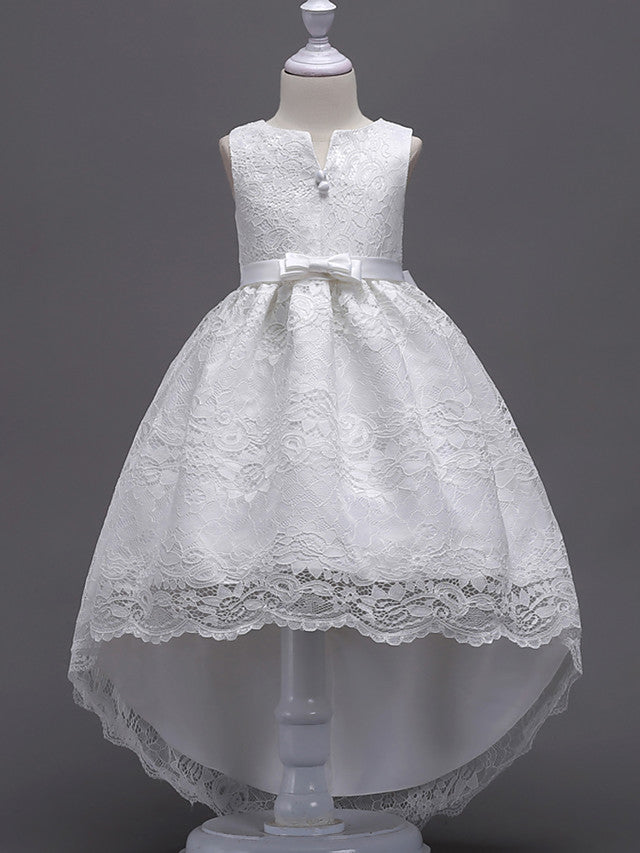 Asymmetrical Lace Dresses with V Wire and Bow Embroidery for Flower Girls-BallBride