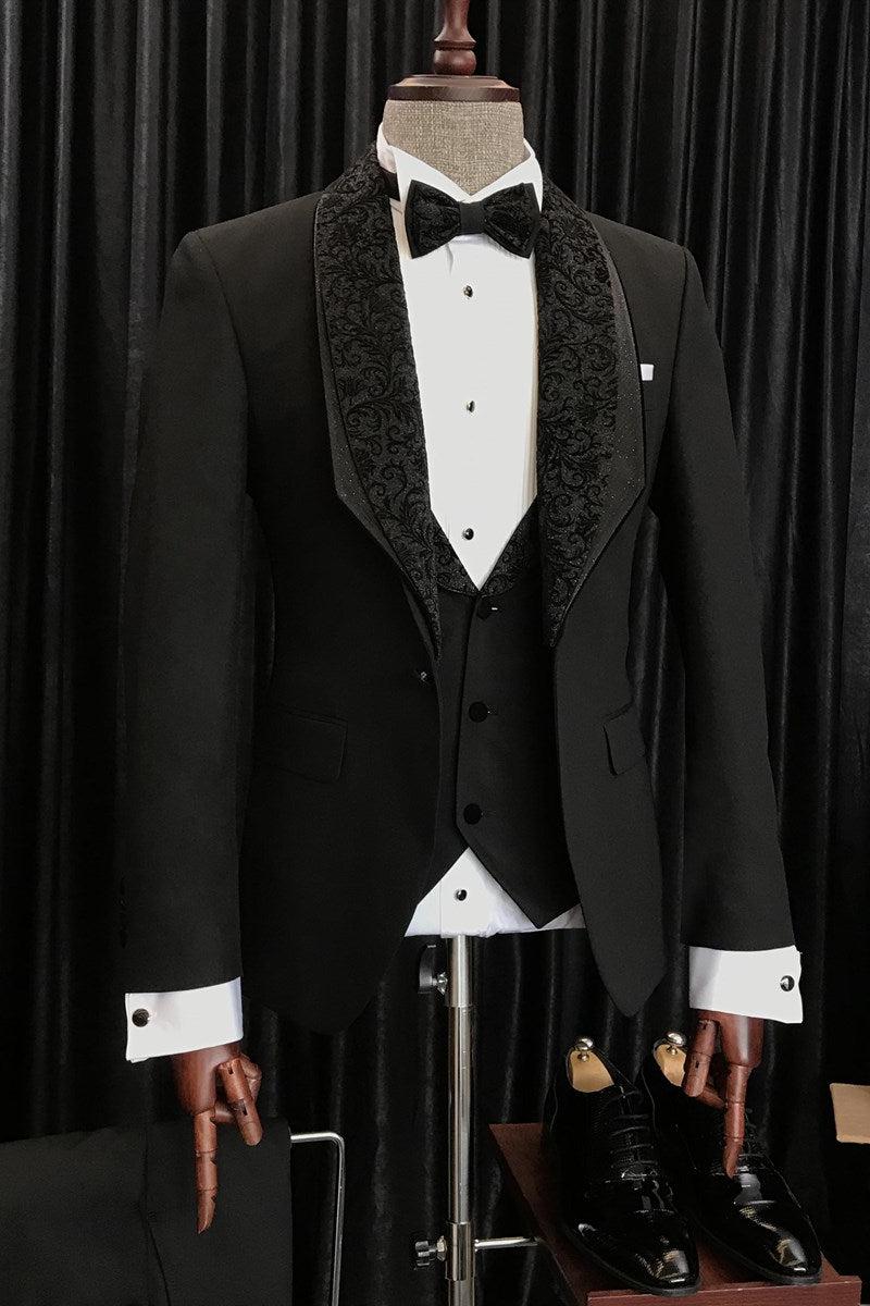 Augustus Stylish Black Slim Fit Wedding Men Suits with Special Jacquard Lapel-BallBride