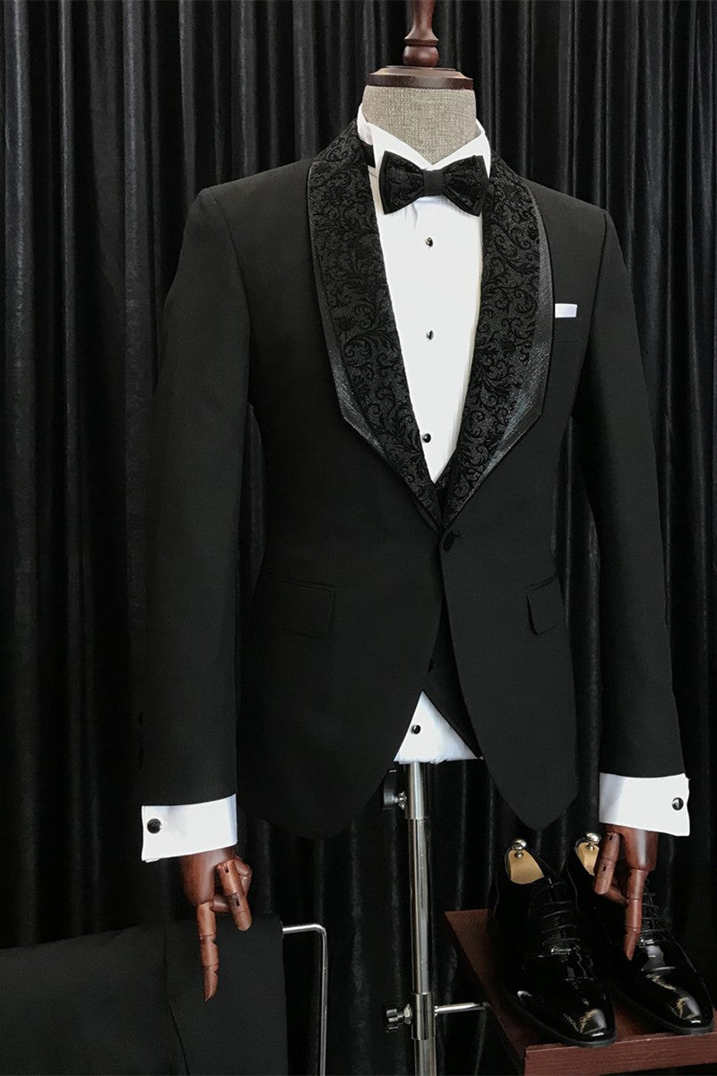 Augustus Stylish Black Slim Fit Wedding Men Suits with Special Jacquard Lapel-BallBride