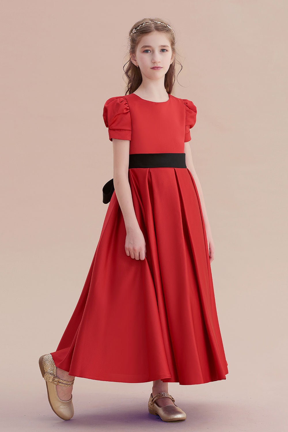 Awesome Short Sleeve A-line Satin Flower Girl Dress with Ribbons-BallBride