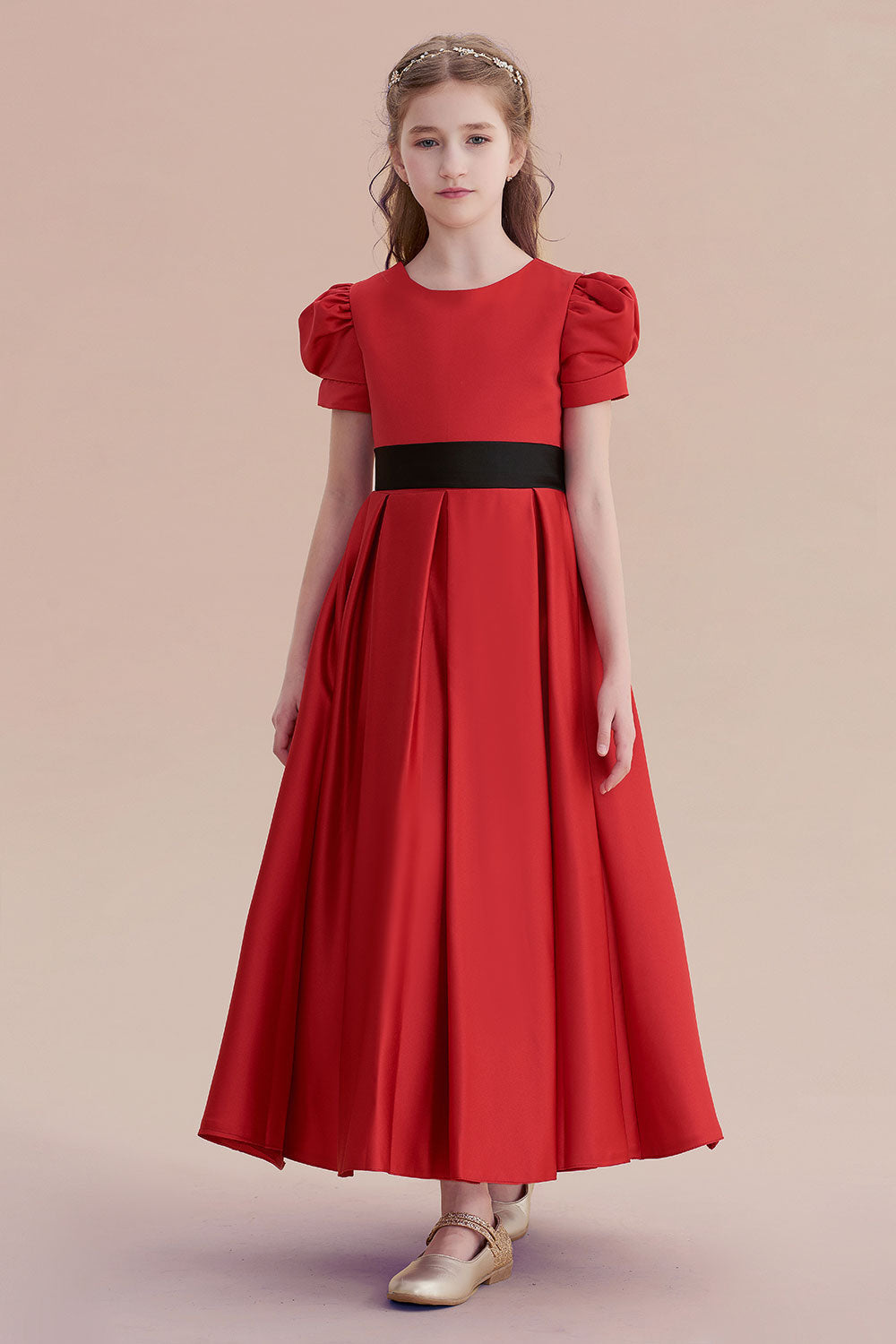 Awesome Short Sleeve A-line Satin Flower Girl Dress with Ribbons-BallBride