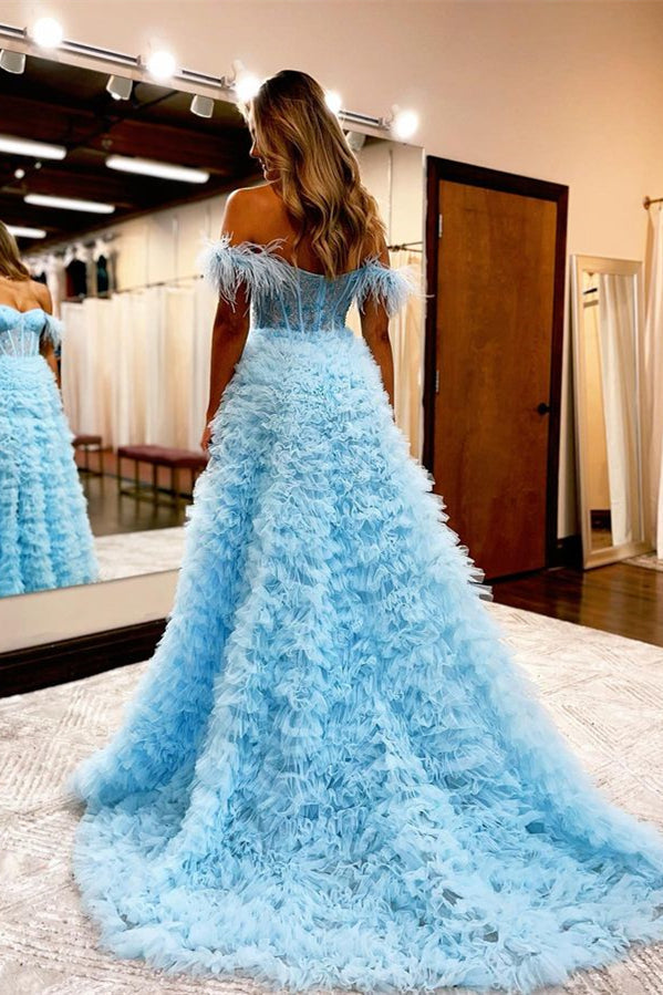 Baby Blue A Line Sweetheart Evening Dress with Feathers Online for Grad Party-BallBride