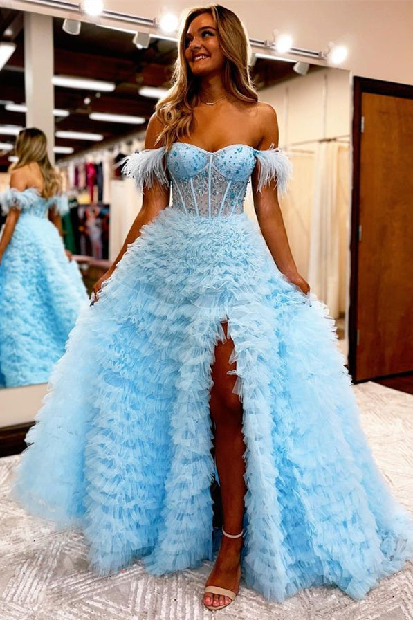 Baby Blue A Line Sweetheart Evening Dress with Feathers Online for Grad Party-BallBride