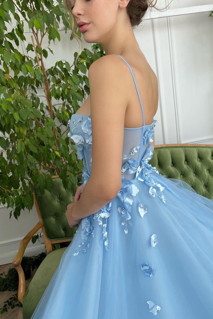 Baby Blue Sweetheart Flowers Appliques Spaghetti Strap Prom Dress with Side Split-BallBride