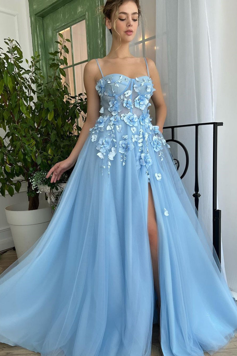 Baby Blue Sweetheart Flowers Appliques Spaghetti Strap Prom Dress with Side Split-BallBride