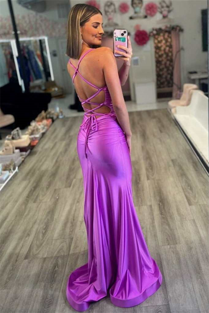 Backless Spaghetti Straps V-Neck Mermaid Ruched Satin Prom Dress-BallBride