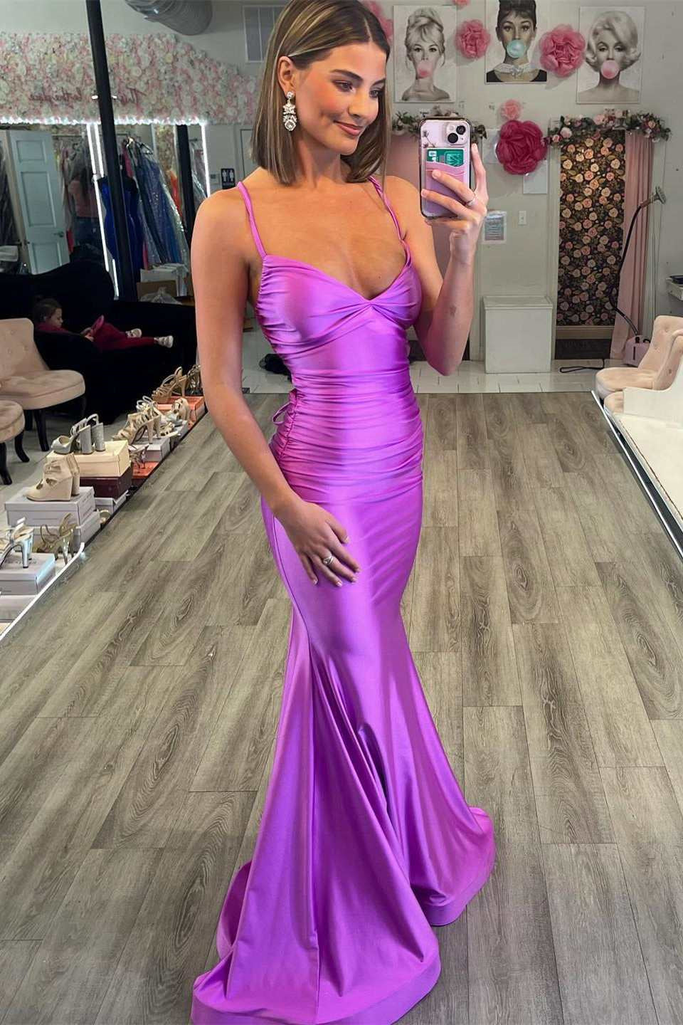 Backless Spaghetti Straps V-Neck Mermaid Ruched Satin Prom Dress-BallBride