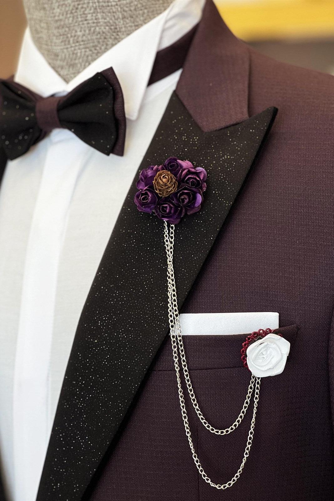 Baldwin Dark Purple 3-Piece Men's Suit w/ Sparkle Peaked Lapel-BallBride