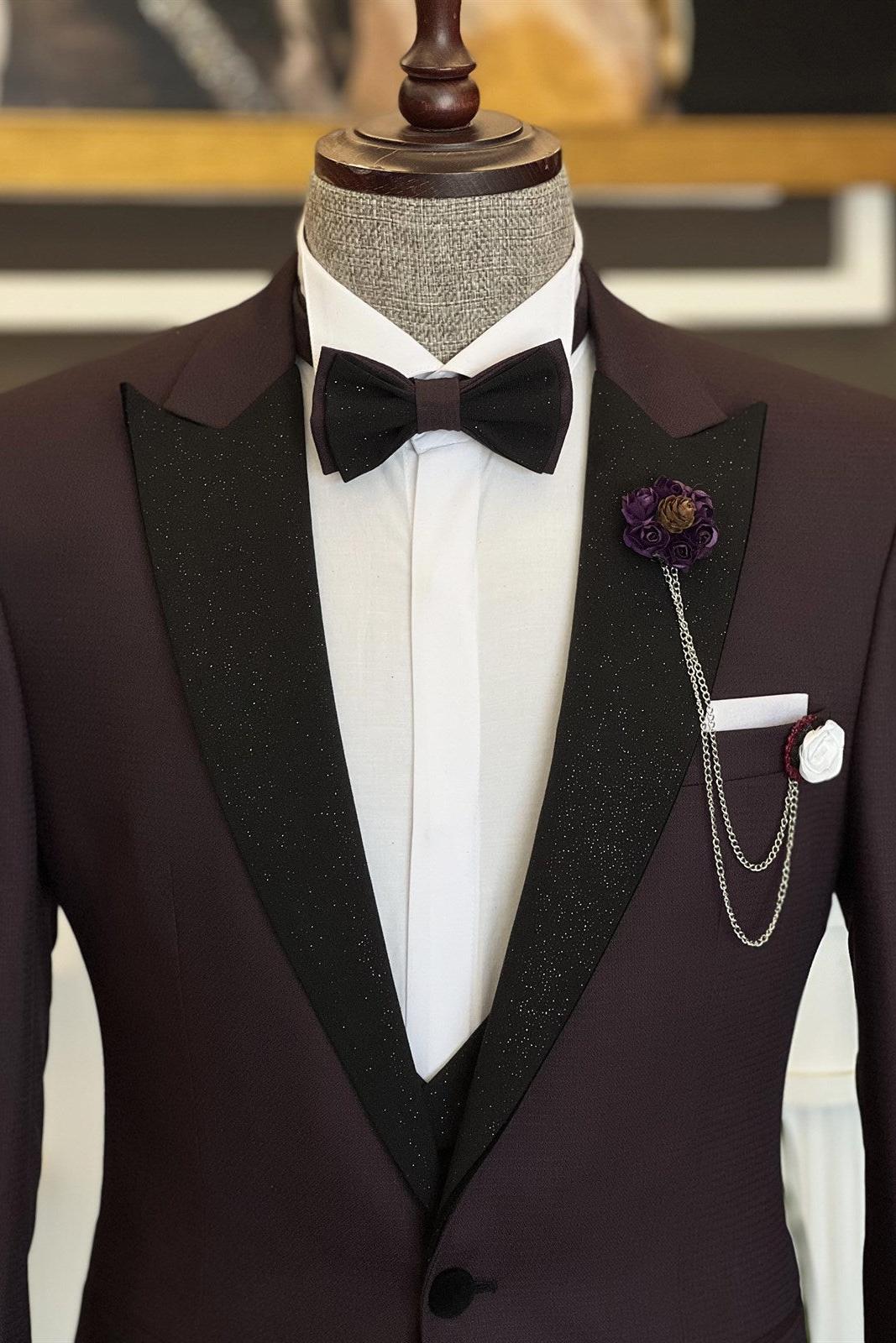 Baldwin Dark Purple 3-Piece Men's Suit w/ Sparkle Peaked Lapel-BallBride