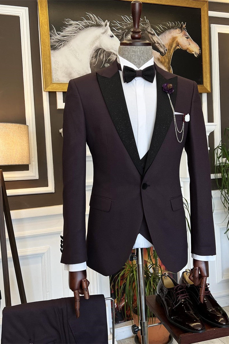 Baldwin Dark Purple 3-Piece Men's Suit w/ Sparkle Peaked Lapel-BallBride