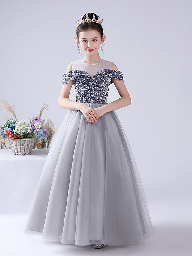 Ball Gown Flower Girl Dress Tulle With Paillette Sequins Off Shoulder Sleeveless Jewel Neck-BallBride