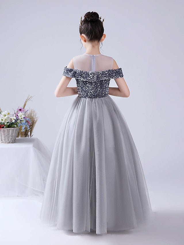 Ball Gown Flower Girl Dress Tulle With Paillette Sequins Off Shoulder Sleeveless Jewel Neck-BallBride