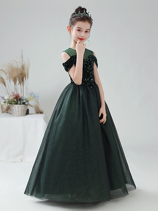 Ball Gown Flower Girl Dress Tulle With Paillette Sequins Off Shoulder Sleeveless Jewel Neck-BallBride
