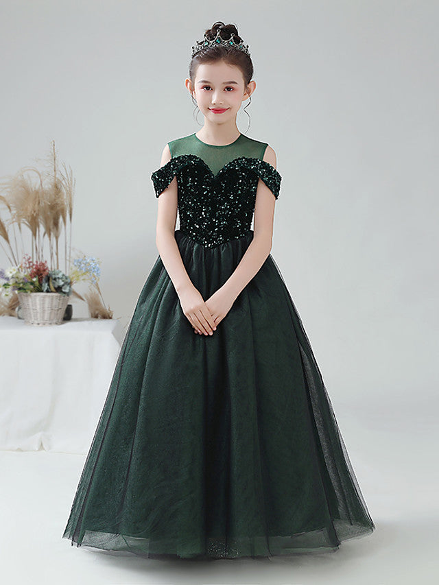 Ball Gown Flower Girl Dress Tulle With Paillette Sequins Off Shoulder Sleeveless Jewel Neck-BallBride