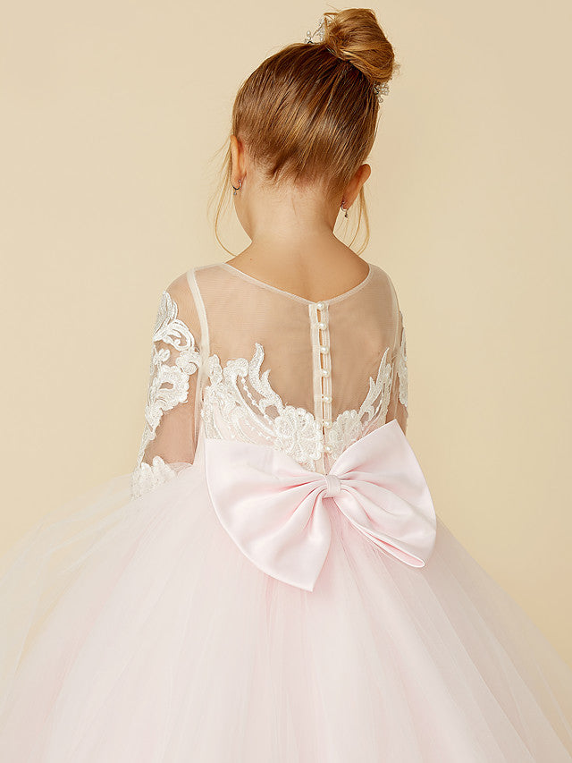 Ball Gown Long Sleeve Illusion Neck Flower Girl Dress with Lace Tulle Bows and Buttons-BallBride