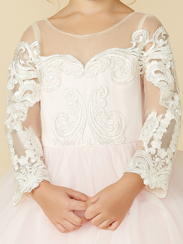 Ball Gown Long Sleeve Illusion Neck Flower Girl Dress with Lace Tulle Bows and Buttons-BallBride