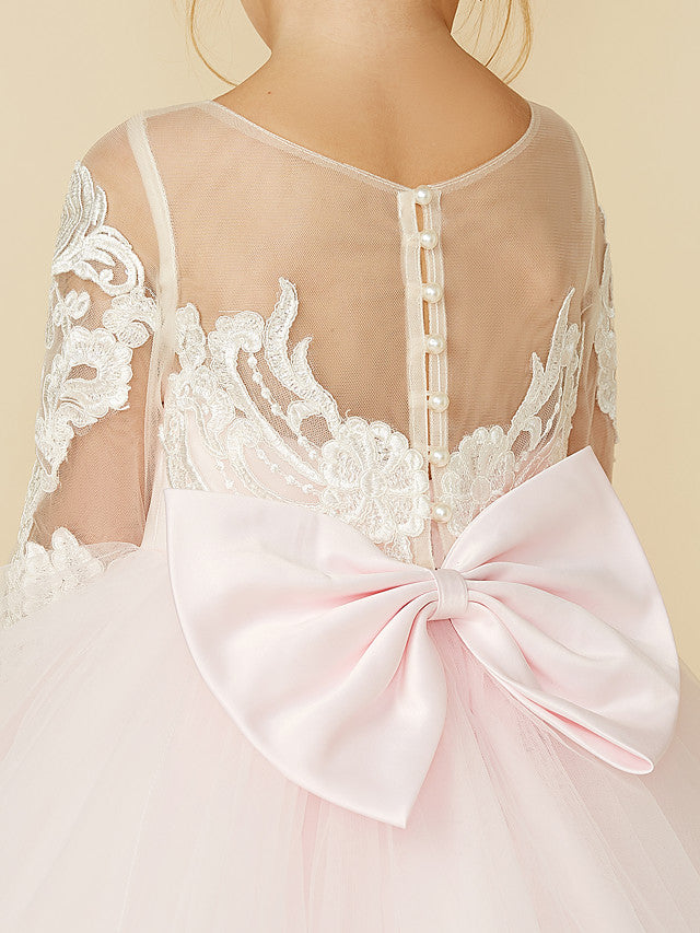 Ball Gown Long Sleeve Illusion Neck Flower Girl Dress with Lace Tulle Bows and Buttons-BallBride