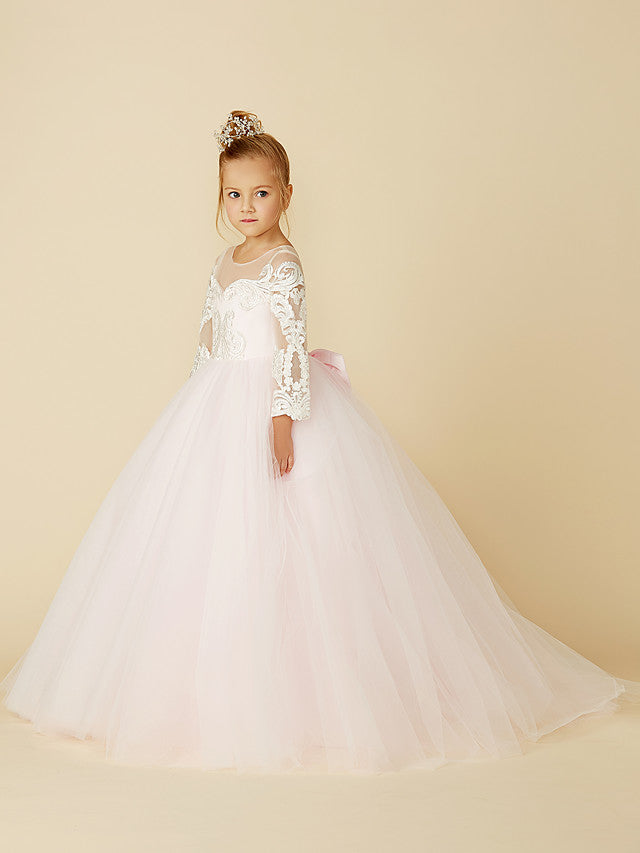 Ball Gown Long Sleeve Illusion Neck Flower Girl Dress with Lace Tulle Bows and Buttons-BallBride