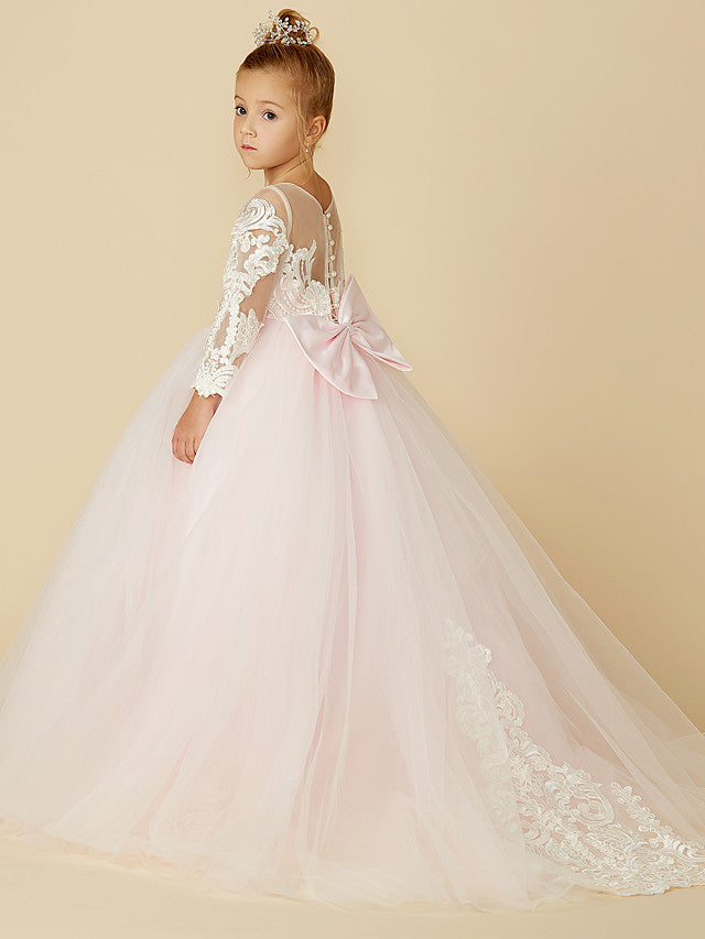 Ball Gown Long Sleeve Illusion Neck Flower Girl Dress with Lace Tulle Bows and Buttons-BallBride