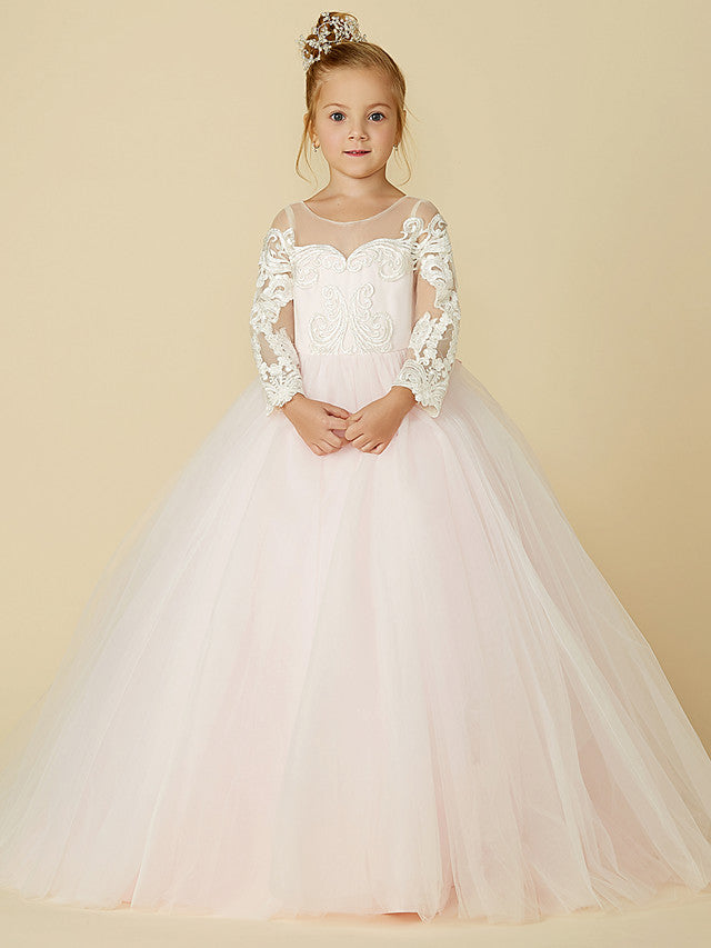 Ball Gown Long Sleeve Illusion Neck Flower Girl Dress with Lace Tulle Bows and Buttons-BallBride