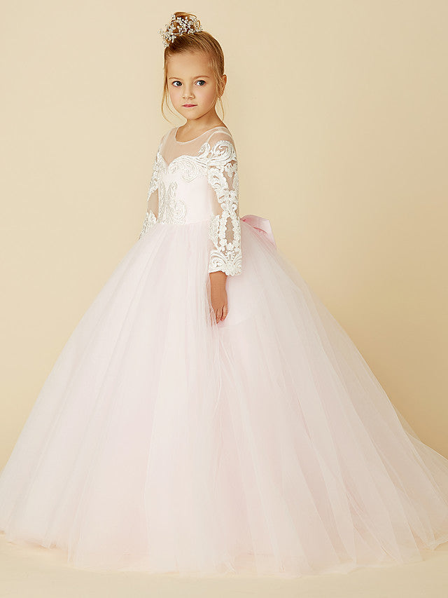 Ball Gown Long Sleeve Illusion Neck Flower Girl Dress with Lace Tulle Bows and Buttons-BallBride