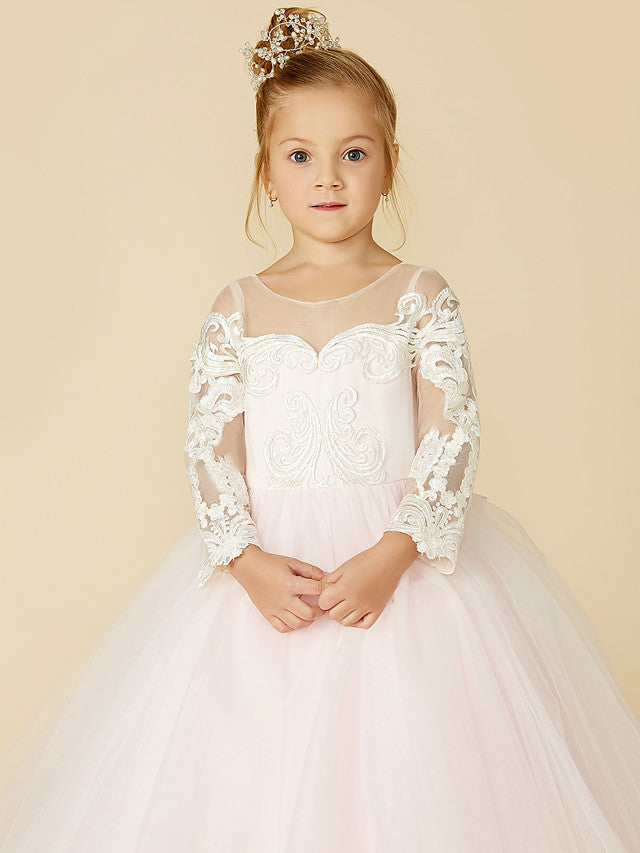 Ball Gown Long Sleeve Illusion Neck Flower Girl Dress with Lace Tulle Bows and Buttons-BallBride