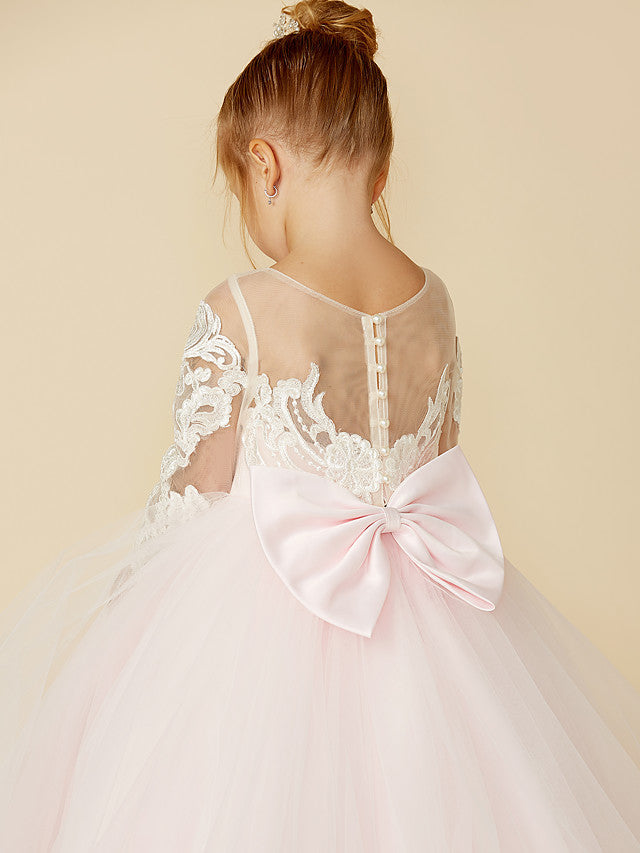 Ball Gown Long Sleeve Illusion Neck Flower Girl Dress with Lace Tulle Bows and Buttons-BallBride