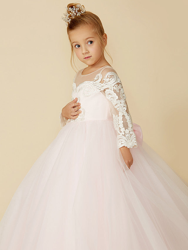 Ball Gown Long Sleeve Illusion Neck Flower Girl Dress with Lace Tulle Bows and Buttons-BallBride