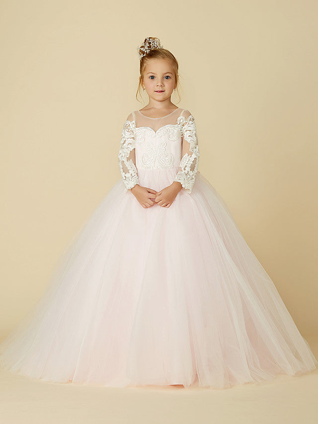 Ball Gown Long Sleeve Illusion Neck Flower Girl Dress with Lace Tulle Bows and Buttons-BallBride