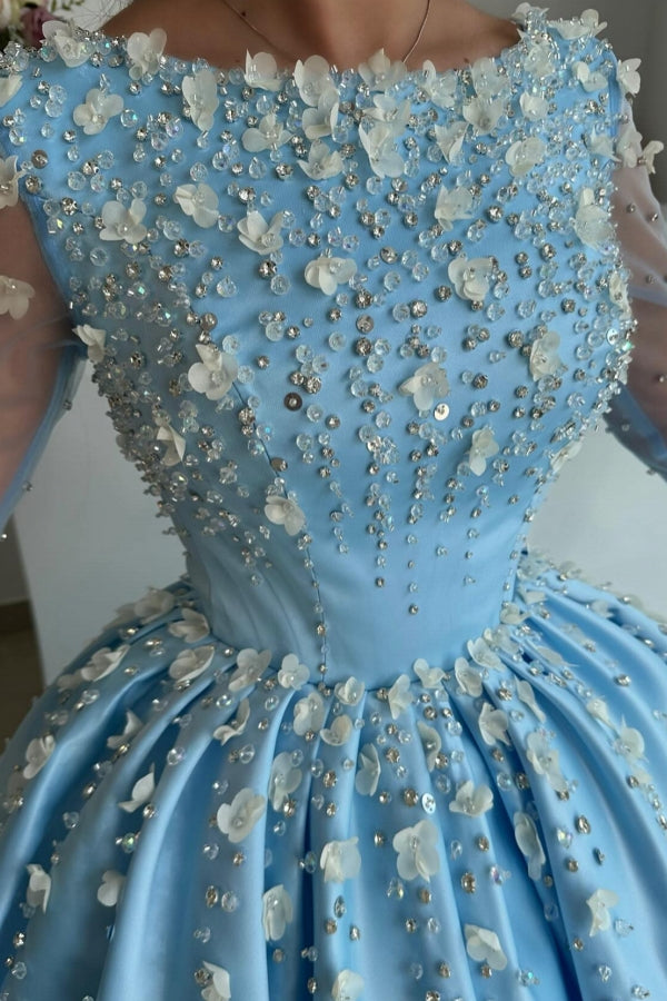 Ball Gown Scoop Neckline Illusion Long Sleeves Floor Length Prom Dress with Beads and Flower-BallBride