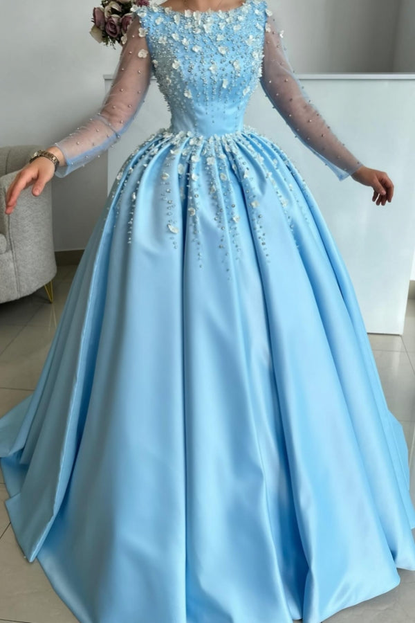 Ball Gown Scoop Neckline Illusion Long Sleeves Floor Length Prom Dress with Beads and Flower-BallBride