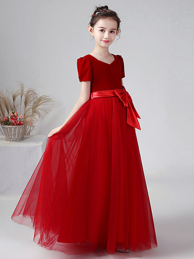 Ball Gown Short Sleeve Bateau Neck Flower Girl Dress with Tulle and Velvet Bow-BallBride