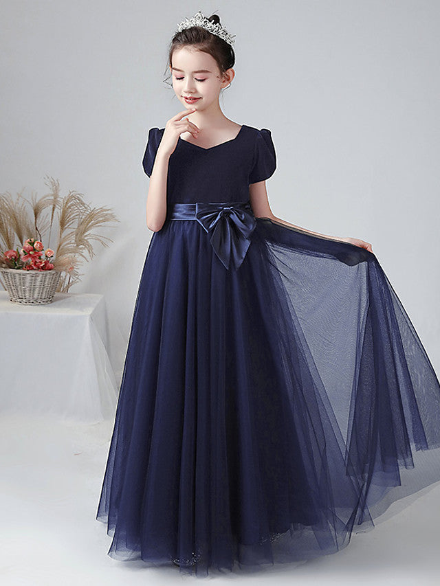 Ball Gown Short Sleeve Bateau Neck Flower Girl Dress with Tulle and Velvet Bow-BallBride