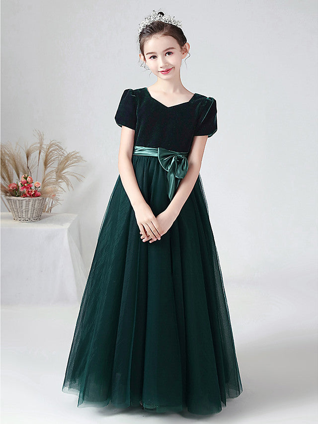 Ball Gown Short Sleeve Bateau Neck Flower Girl Dress with Tulle and Velvet Bow-BallBride