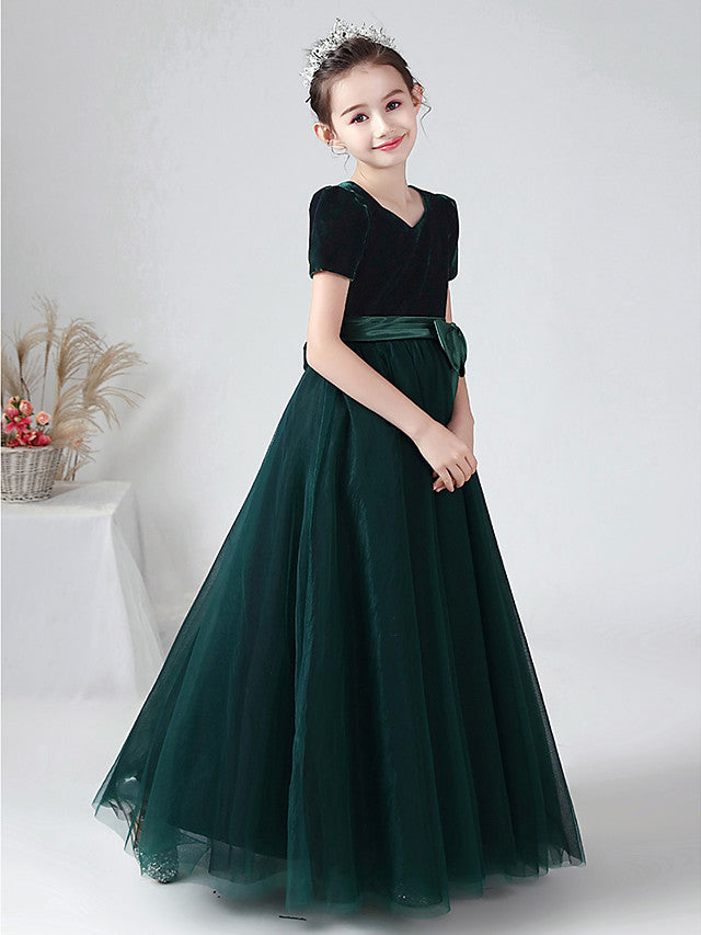 Ball Gown Short Sleeve Bateau Neck Flower Girl Dress with Tulle and Velvet Bow-BallBride