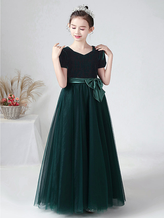 Ball Gown Short Sleeve Bateau Neck Flower Girl Dress with Tulle and Velvet Bow-BallBride