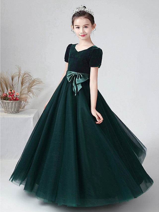 Ball Gown Short Sleeve Bateau Neck Flower Girl Dress with Tulle and Velvet Bow-BallBride