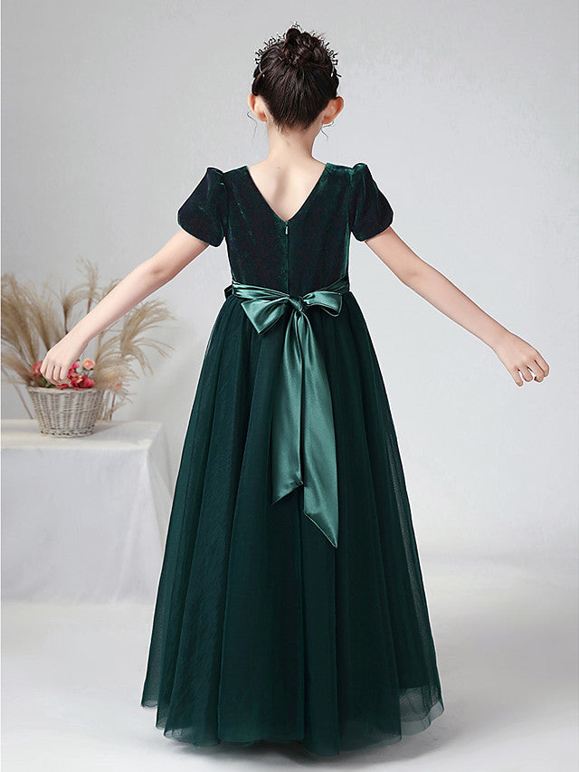 Ball Gown Short Sleeve Bateau Neck Flower Girl Dress with Tulle and Velvet Bow-BallBride