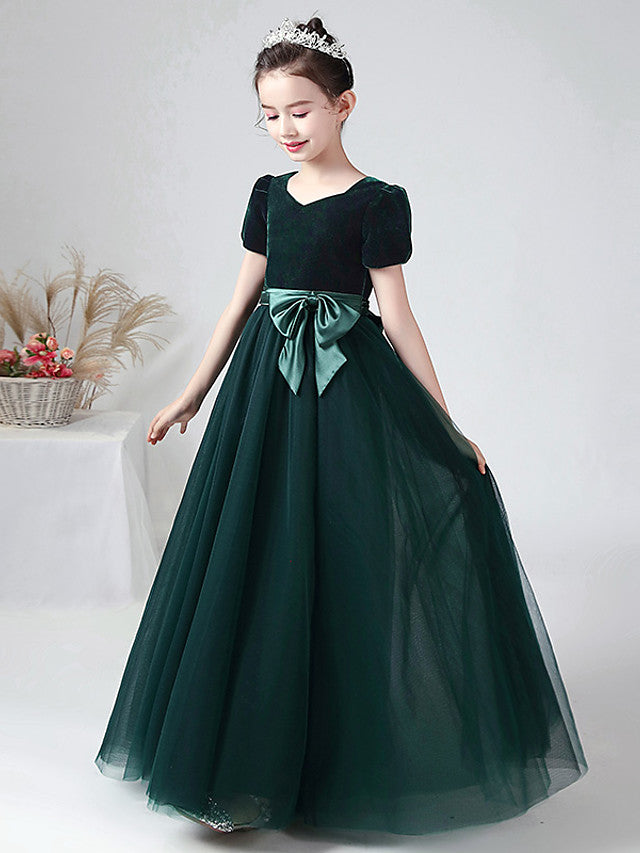 Ball Gown Short Sleeve Bateau Neck Flower Girl Dress with Tulle and Velvet Bow-BallBride
