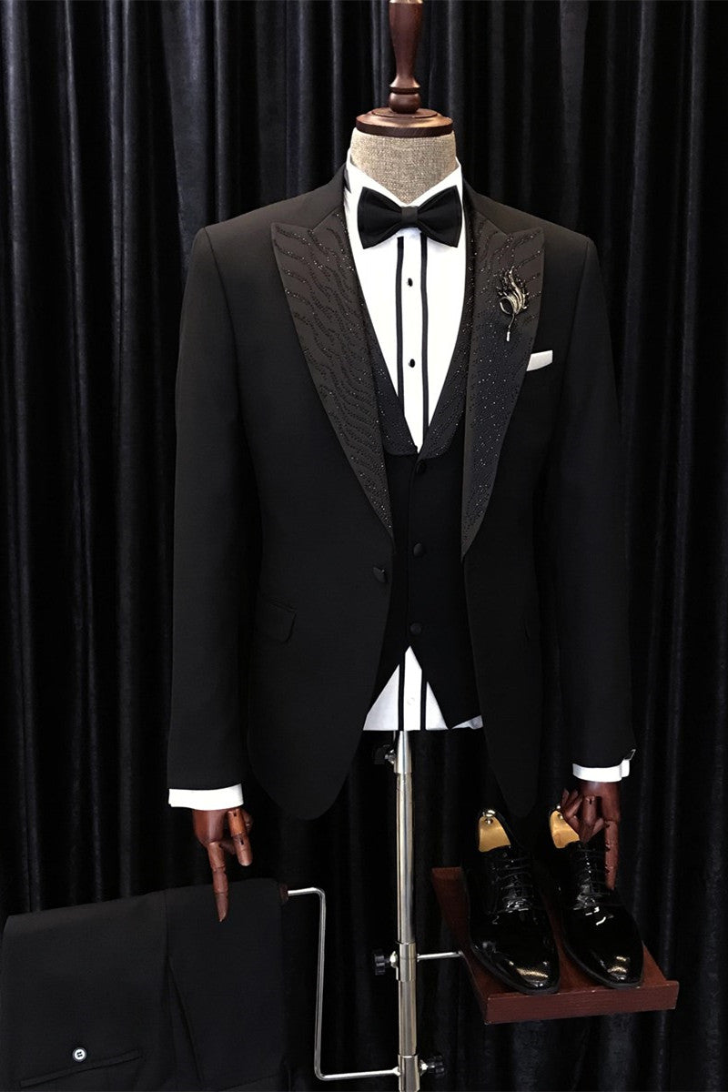Barry Lastest Design Stylish Black 3-Piece Peaked Lapel Wedding Suit-BallBride