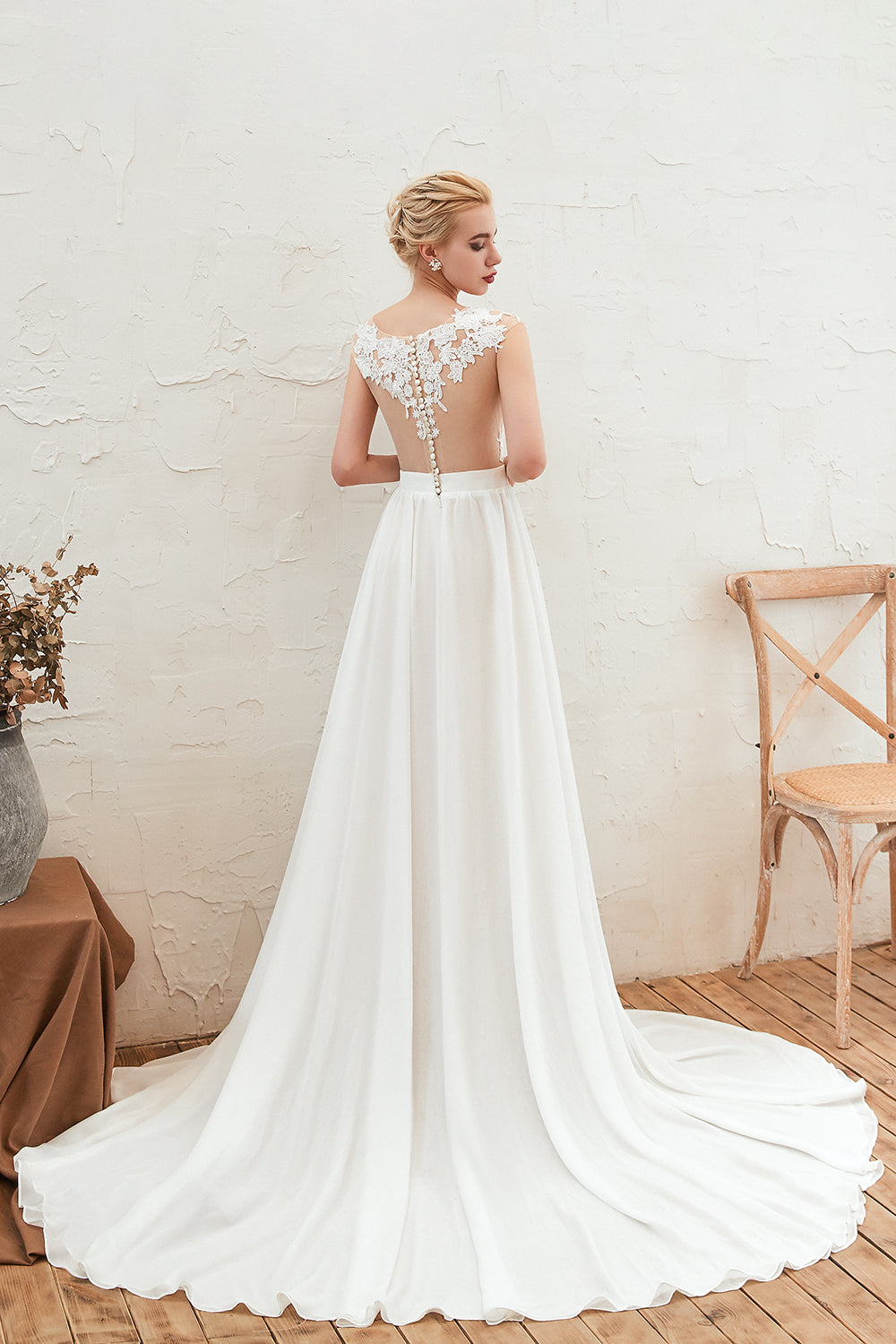 Bateau Appliques Lace A-line Chiffon Wedding Dress with Ruffles and Slit-BallBride