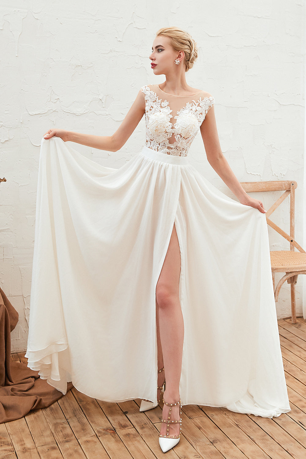 Bateau Appliques Lace A-line Chiffon Wedding Dress with Ruffles and Slit-BallBride