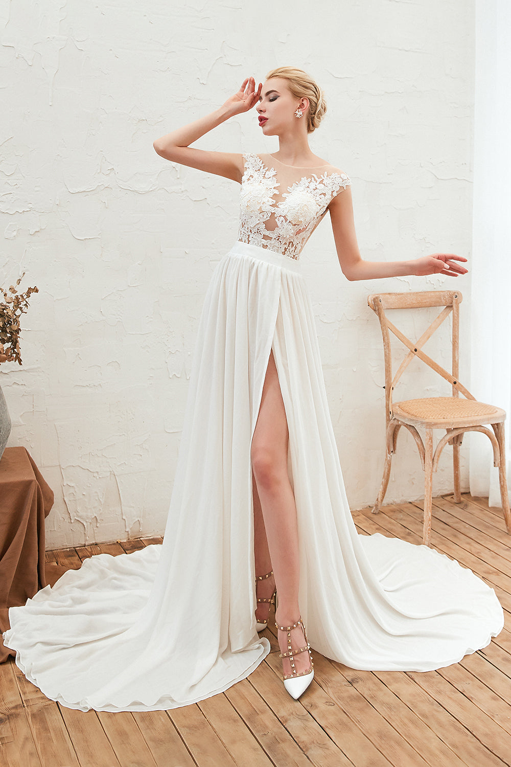 Bateau Appliques Lace A-line Chiffon Wedding Dress with Ruffles and Slit-BallBride