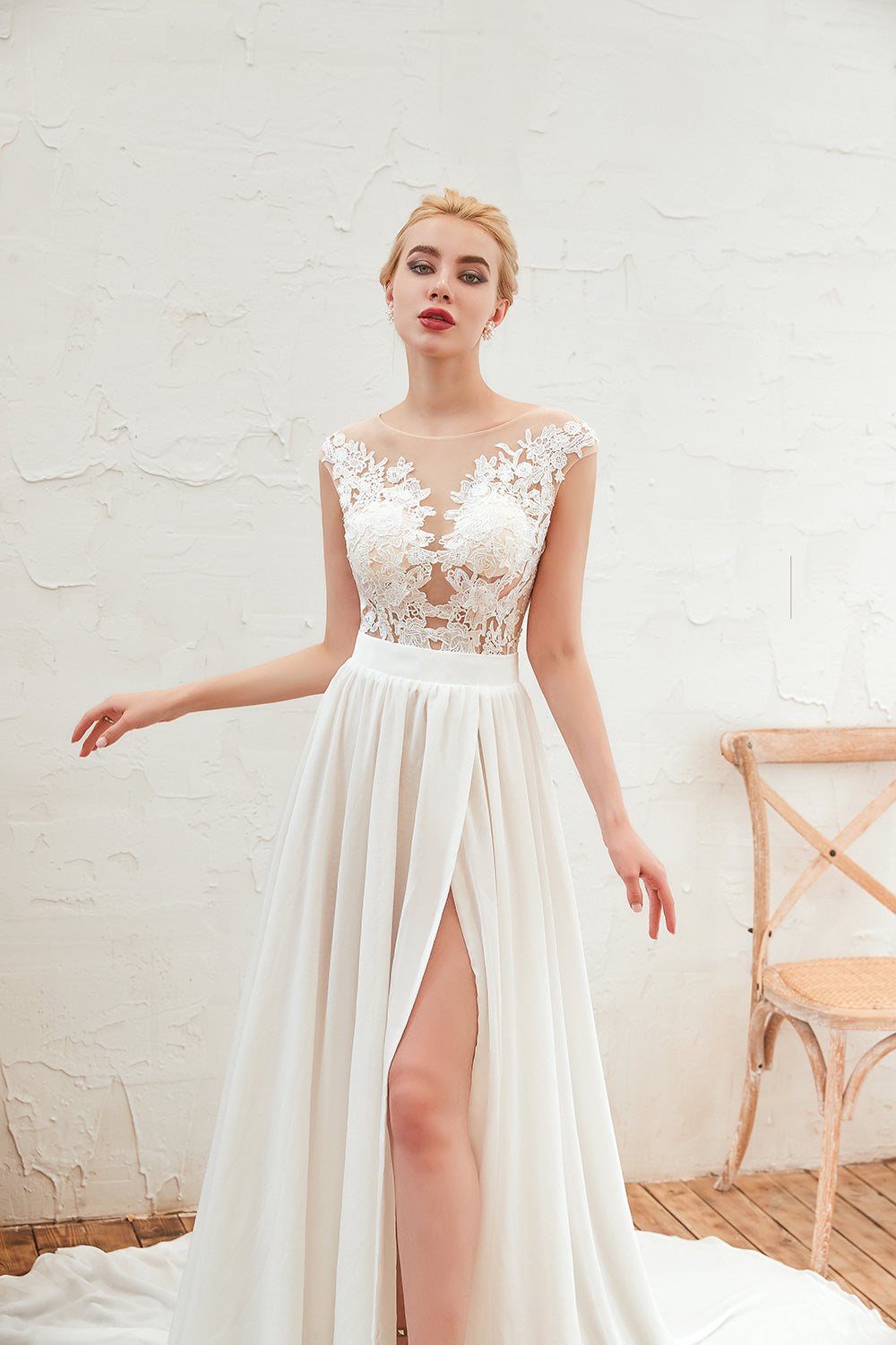 Bateau Appliques Lace A-line Chiffon Wedding Dress with Ruffles and Slit-BallBride