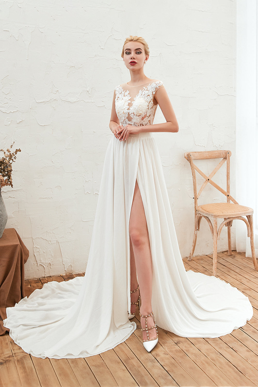 Bateau Appliques Lace A-line Chiffon Wedding Dress with Ruffles and Slit-BallBride