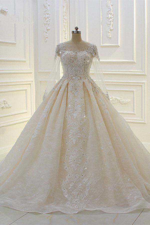Bateau Long Sleeves Lace Appliques Ball Gown Wedding Dress-BallBride